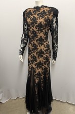 Vintage Travilla Long Dress Gown Black Lace  Nude Pleated Scarf Like Inserts 10