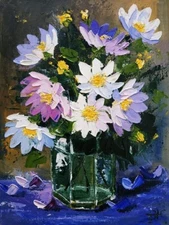 Anemone Blanda Painting Daisies Wall Art Impasto Oil Painting Original Art 9x7"