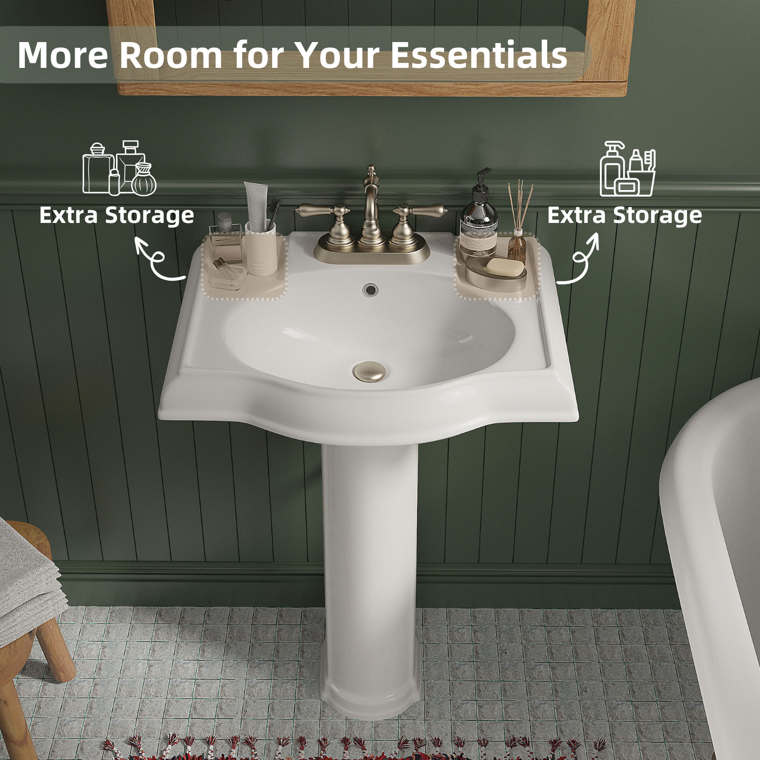 Los Flexi 24" x 19" White Ceramic Pedestal Sink with Overflow and 3 Faucet Hole