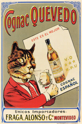 SPANISH COGNAC QUEVEDO WELL DRESSED CAT BLINKING FIST PUNCH VINTAGE POSTER REPRO