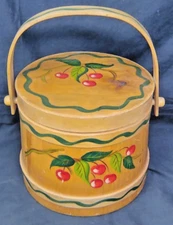 Vintage Primitive Wooden Firkin Sugar Bucket w/Lid Hand Painted Cherry