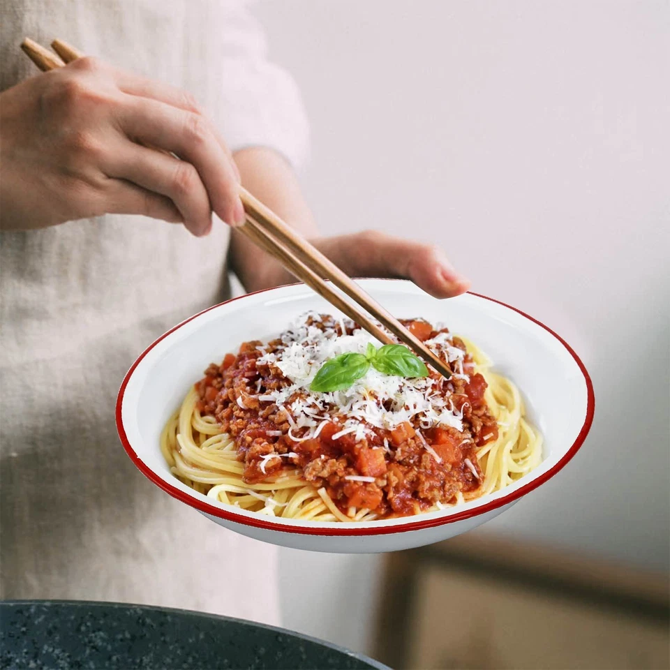 Set of 4 Enamel Dinner Plates 10 Inch Round Dinner Plate with Red Rim Retro S... - Image 4 of 4