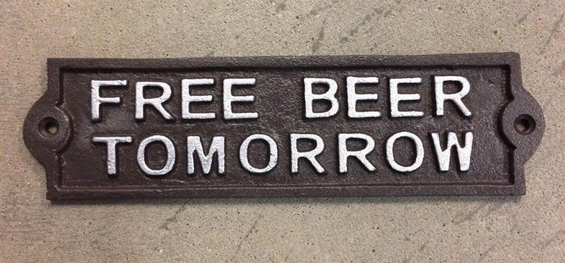 small FREE BEER TOMORROW Plate Plaque cast iron rustic brown with silver letters