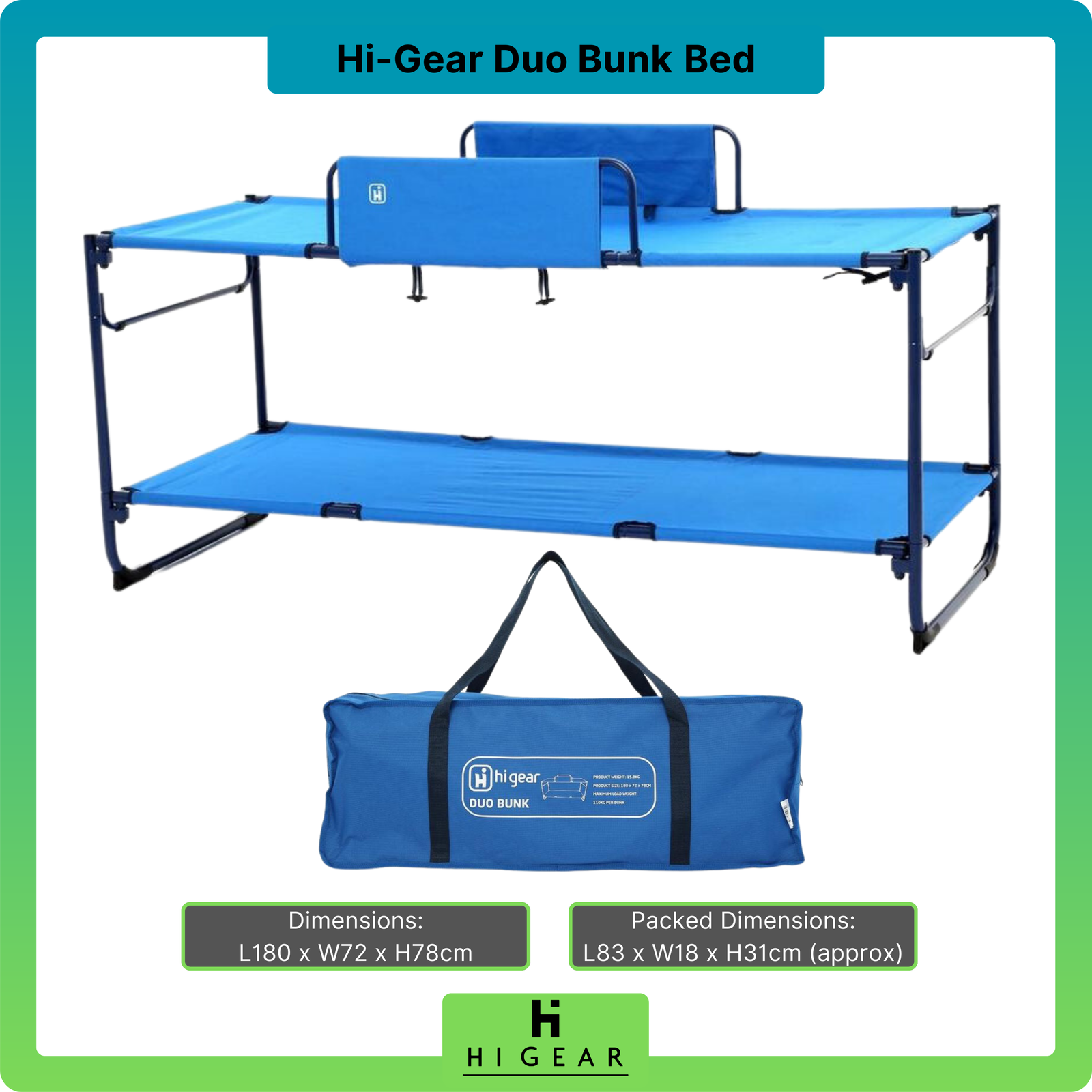 HIGEAR Duo Portable Camping Bunk Bed with Steel Frame, Camping
