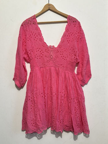 Free People FP One Lottie Shift Mini Dress Smocked Eyelet Embroidered S Pink