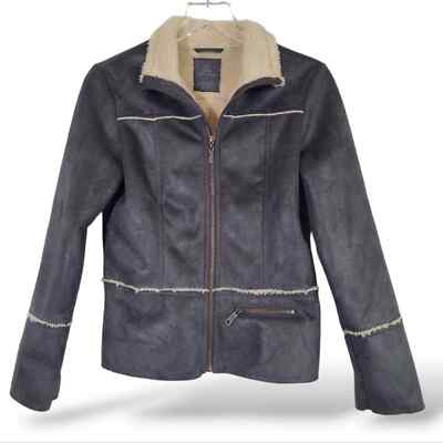 PRANA Eseme Faux Suede Sherpa Lined Grey Bomber Jacket – Size XS Metallic 