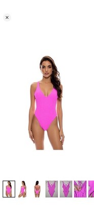 Lilu Pink Ribbed One-Piece Swimsuit Deep V Open Back High Leg M