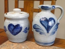 Rowe Pottery Salt Glazed BLUE HEART 4.75" Canister Crock w/ LID 1988 + Cruet 5.5