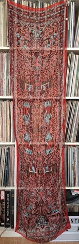 VINTAGE 80S LARGE RECTANGLE DELICATE SILK SCARF INDIA BLUE FIGURES PAISLEY BOHO - Picture 4 of 14