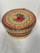 Vintage Coil Woven Straw Basket with Flowers on Lid Mexico 9" x 5" tall Colorful