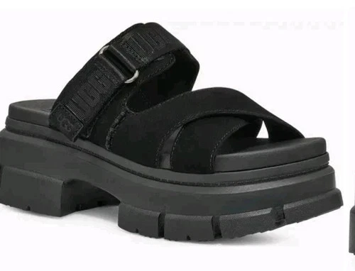 Sandali donna UGG Ashton punta aperta slide pelle nera plateau 2 75 pollici taglia 10
