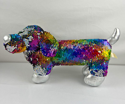 Rainbow Sequin Plush Dog Silver Feet Tail Color Changing Flip Toy 20 