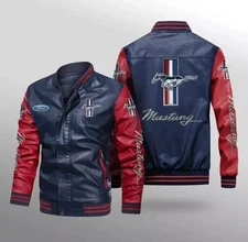 Men's New Style Mustang Logo Slim Fit Retro Moto Black Bomber Leather Jacket