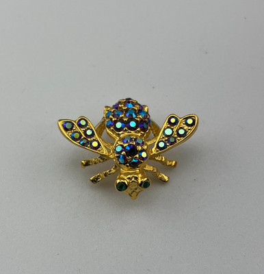 Joan Rivers Blue Iridescent Crystal Bee Pin Gold Tone Green Eyes