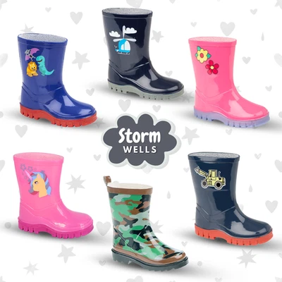 STORMWELLS Boys Girls Wellies Kids Rain Boots Childrens Splash Walking School Pull On Grip