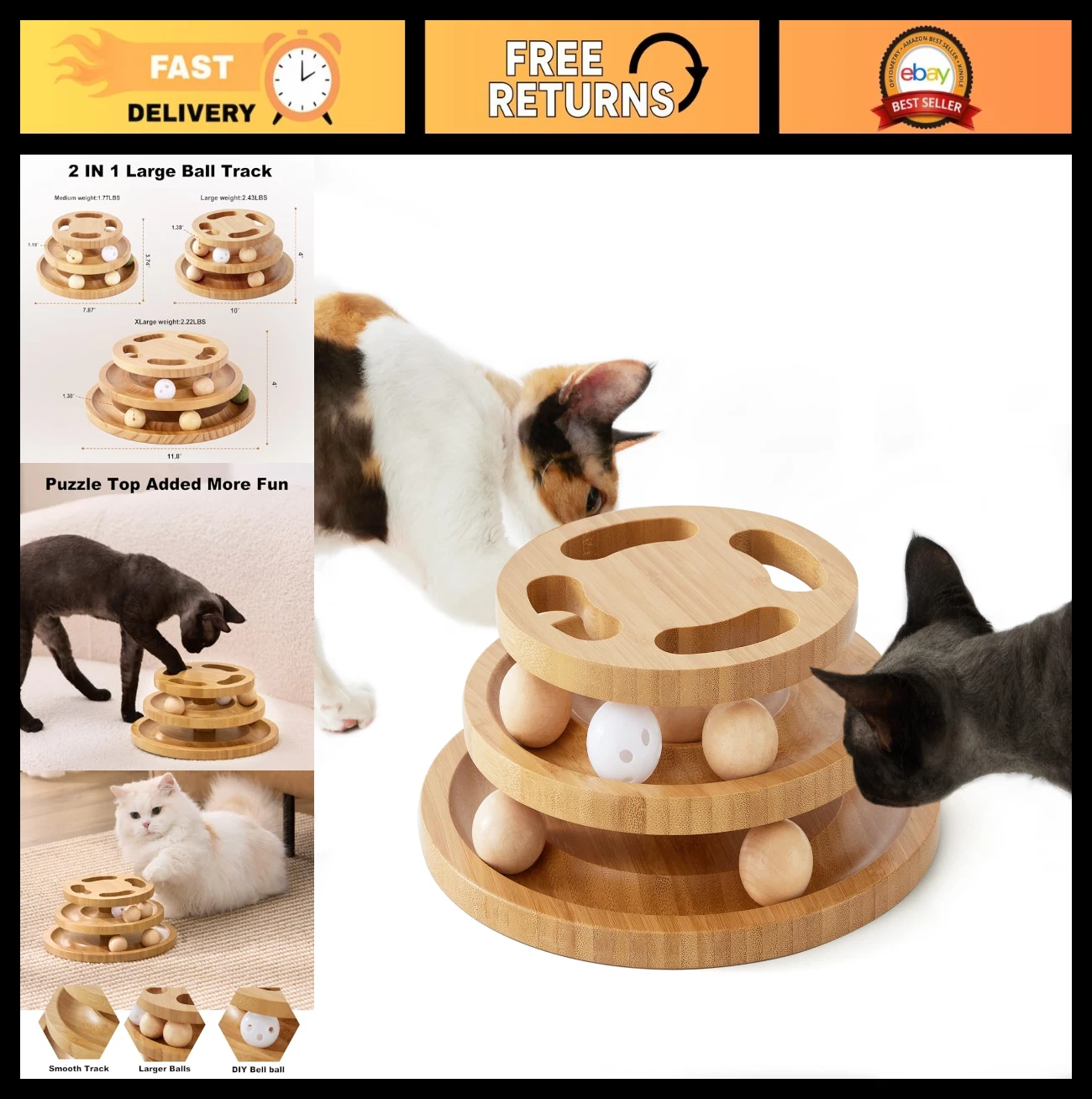 Interactive Cat Ball Track Toy - Wooden Puzzle Top, Spinning Balls for Indoor Ki