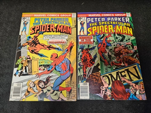 1976 MARVEL COMICS SPECTACULAR SPIDER-MAN #1 & #2 NEWSSTANDS MID GRADE VINTAGE