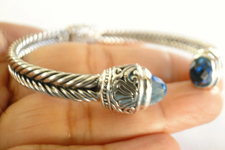 蓝色黄玉装饰巴厘岛 925 纯银袖口手镯手链 — 第 2/4 张图片