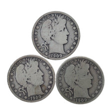 1909 P/O/S Barber Half Dollar 50c 90 Silver Lot of 3 Coin Year Set