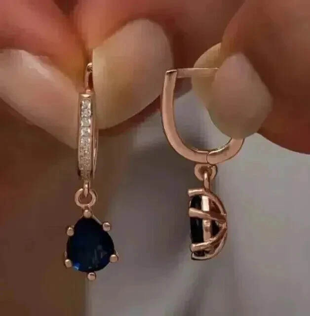 Pendientes colgantes enchapados en oro rosa de 14k corte pera simulado zafiro azul Foto 3 de 4