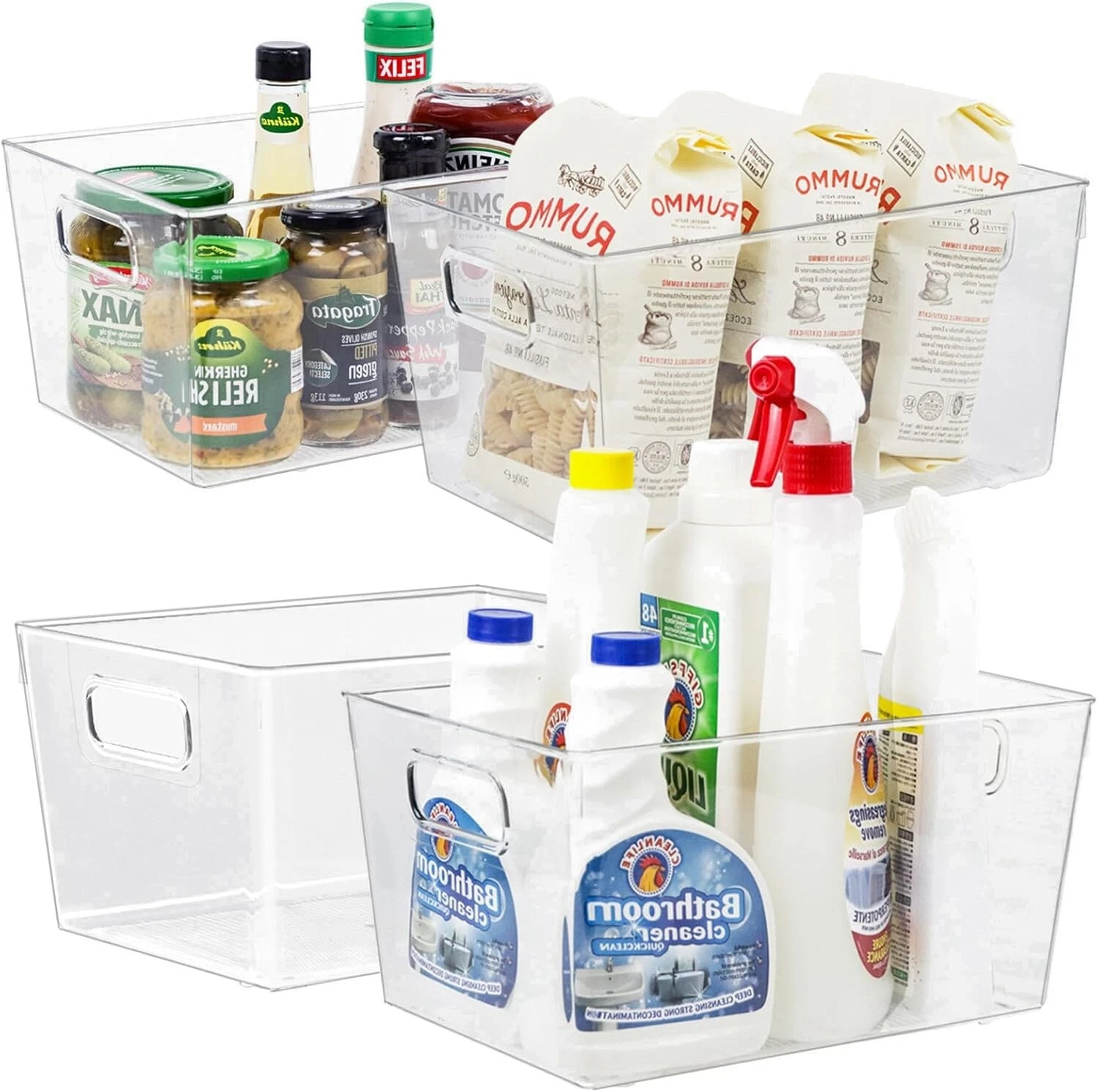 4pcs Clear Storage Bins with Handles for Kitchen & Pantry Organization