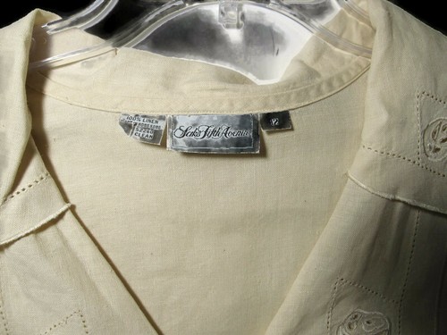 VTG Saks Fifth Avenue Blouse Button Front Cream Tan Linen Hemstitch Detail 12 - Picture 5 of 7