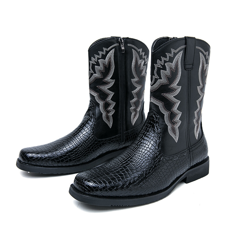 Botas de montar vaqueras occidentales bordadas con punta cuadrada para hombre Botas Chelsea de caña alta