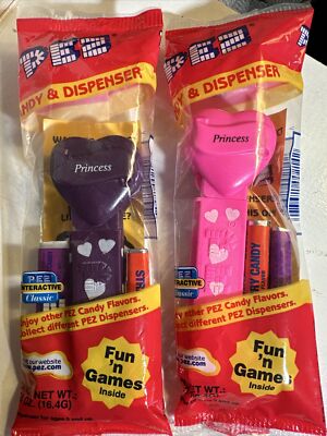 PEZ Valentines PRINCESS 4.9 No Feet Hot Pink Purple With Hearts On Stem v15