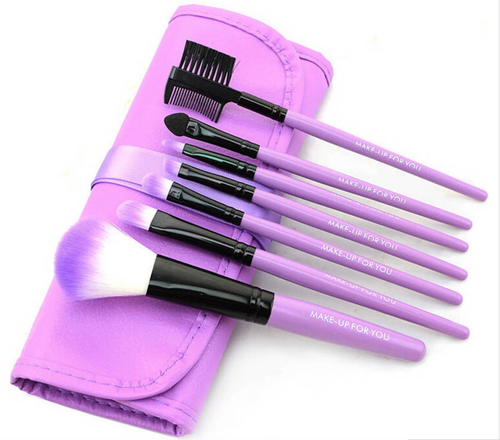 7 Pc Set Makeup Brushes Purple Wood Cosmetic Bag Brush Gift Set - Picture 4 of 5