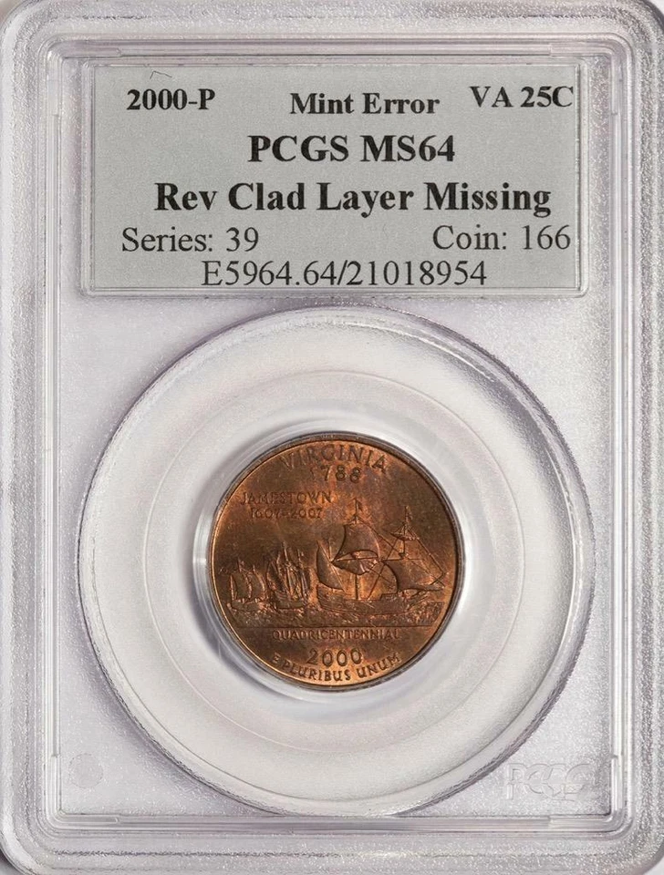 2000 PCGS MS64 Missing Clad Layer Virginia Quarter Mint Error Copper State Side - Image 3 of 4