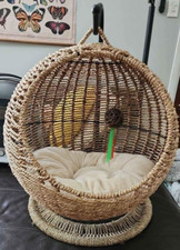 BROWN-BROWN Wicker Cat or Small Dog Bed, Handmade Swing Bed w/ Removable Cushion
