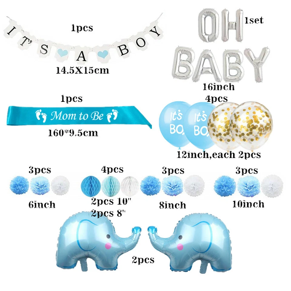 Baby Shower oh boy Banner Decorations Elephant Ballons Blue Garland Set - Image 2 of 4