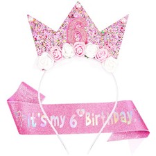 6th Birthday Headband Sash Set - Floral Princess Crown Headband for Birthda...