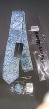 NWT! Barry Wang Tie Mens 3 Piece Tie Set Light Blue Floral With Clip Flower Pin