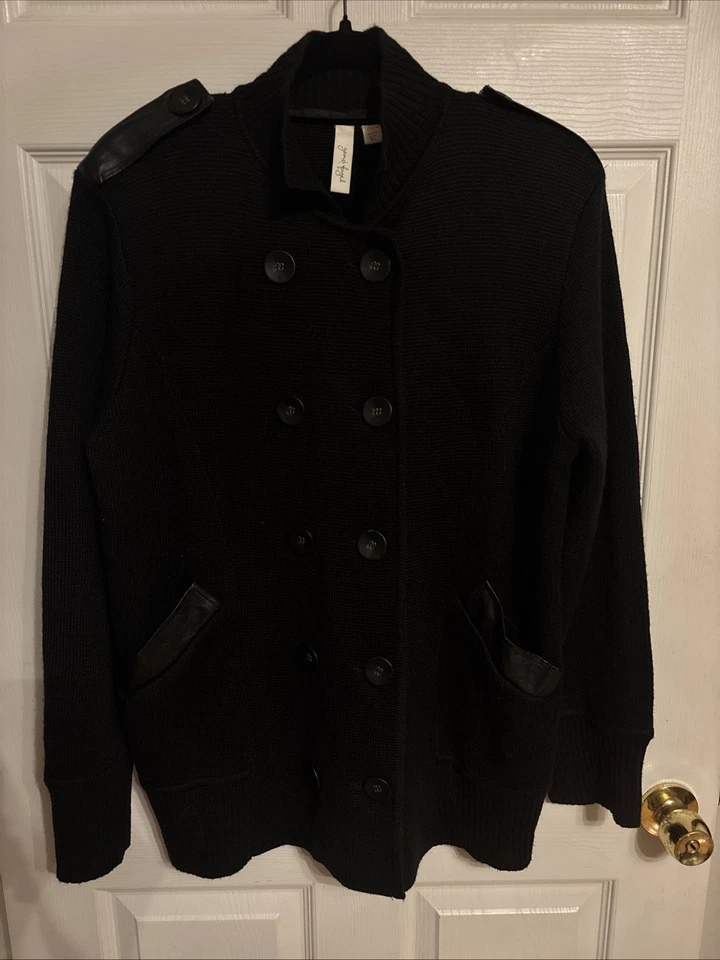 Yansi Fugel XL Black Cardigan Sweater Dbl Breasted Jacket Merino Wool Cashmere - Image 2 of 4