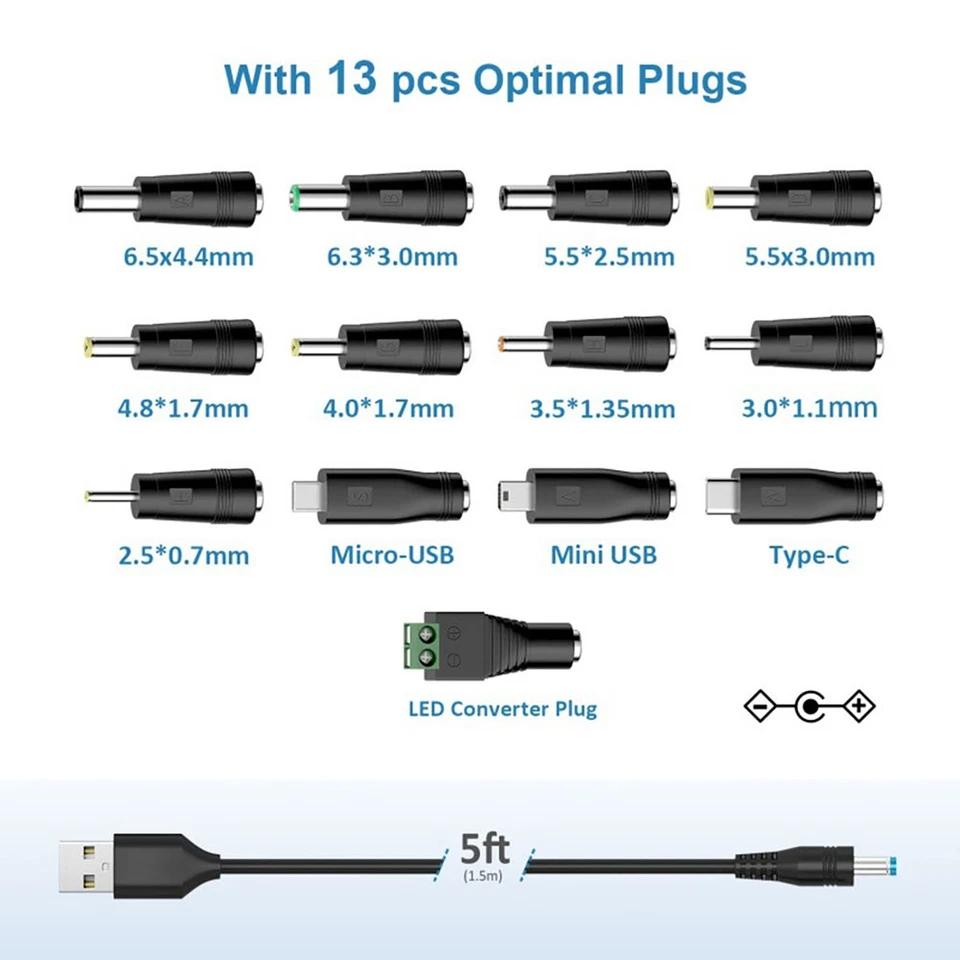 USB to DC 5V Power Cord, Universal DC 5.5x2.1mm Cable with 13 Connectors - Image 4 of 4