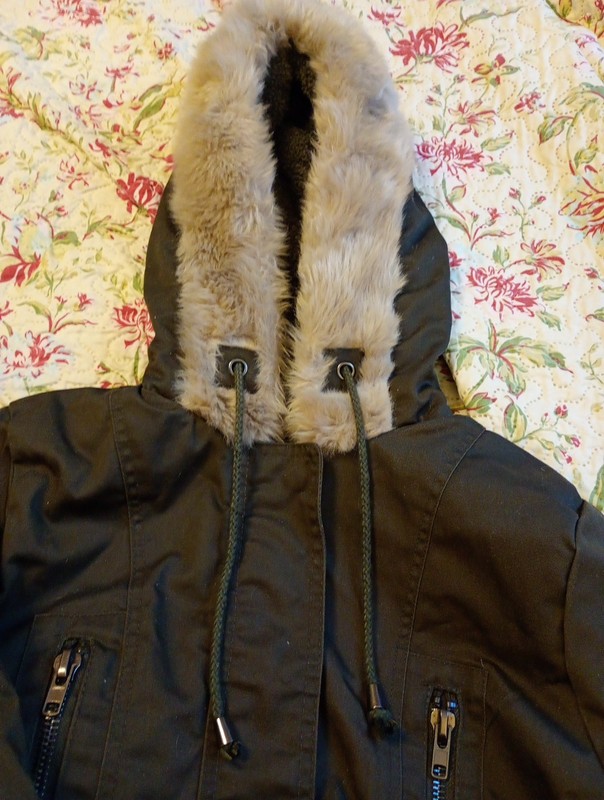 Zenana Outfitters Hooded Coat Women Size L Dark  Gray Faux Fur Lined 