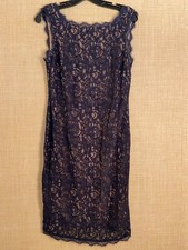 Adrianna Papell sleeveless evening dress size 10 dark blue lace w/beige lining