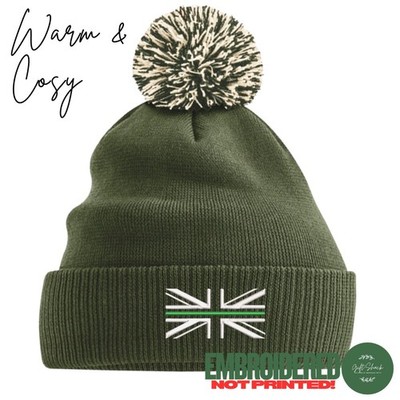 Bestickte Union Jack dünne grüne Linie Bommel Design Beanie Mütze - Krankenwagen