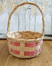 Vintage Mid Century Woven Easter Basket Perfect Pink Splints Mexico Wicker 8" D