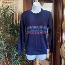Fair Isle Sweater Womens Small Navy Nordic Vintage Pullover Knit 90s Wool Blend