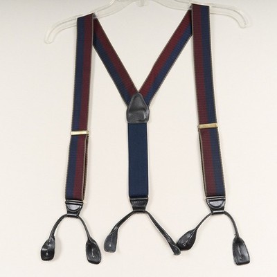 Vintage Suspenders Navy Burgundy Stripe Leather Button On Style Adjustable USA