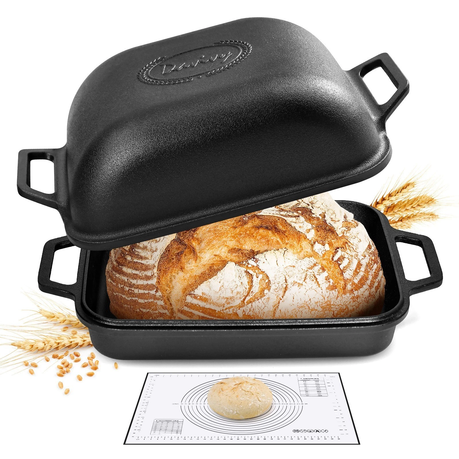 9QT Large Cast Iron Dutch Oven for Sourdough Bread with Silicone Baking Mat