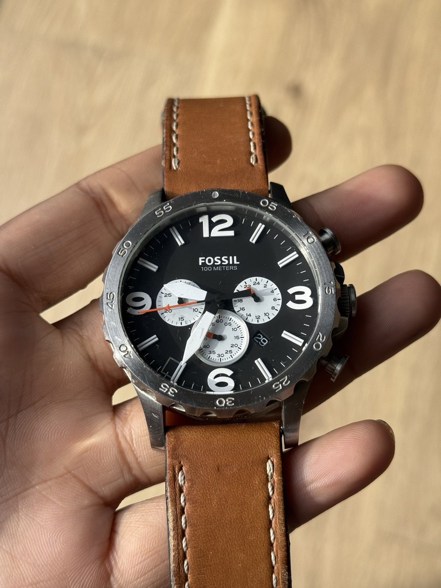 Fossil Black Dial Nate Chronograph Tan Leather Watch with 