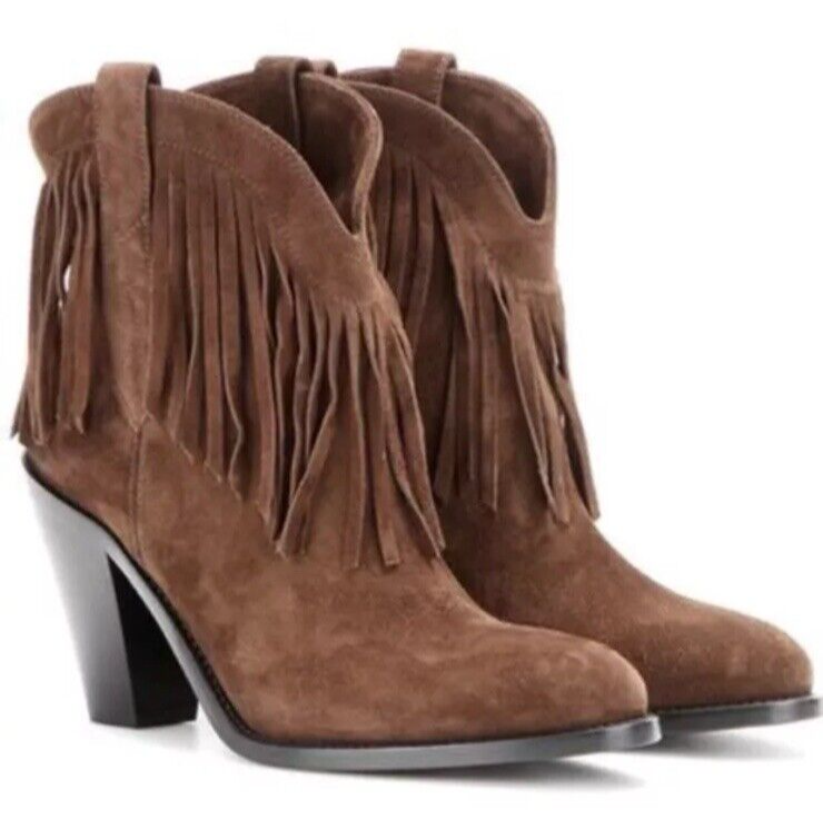 $995 NUOVI stivaletti Saint Laurent classici western scamosciati frange marroni 40 EU 10US