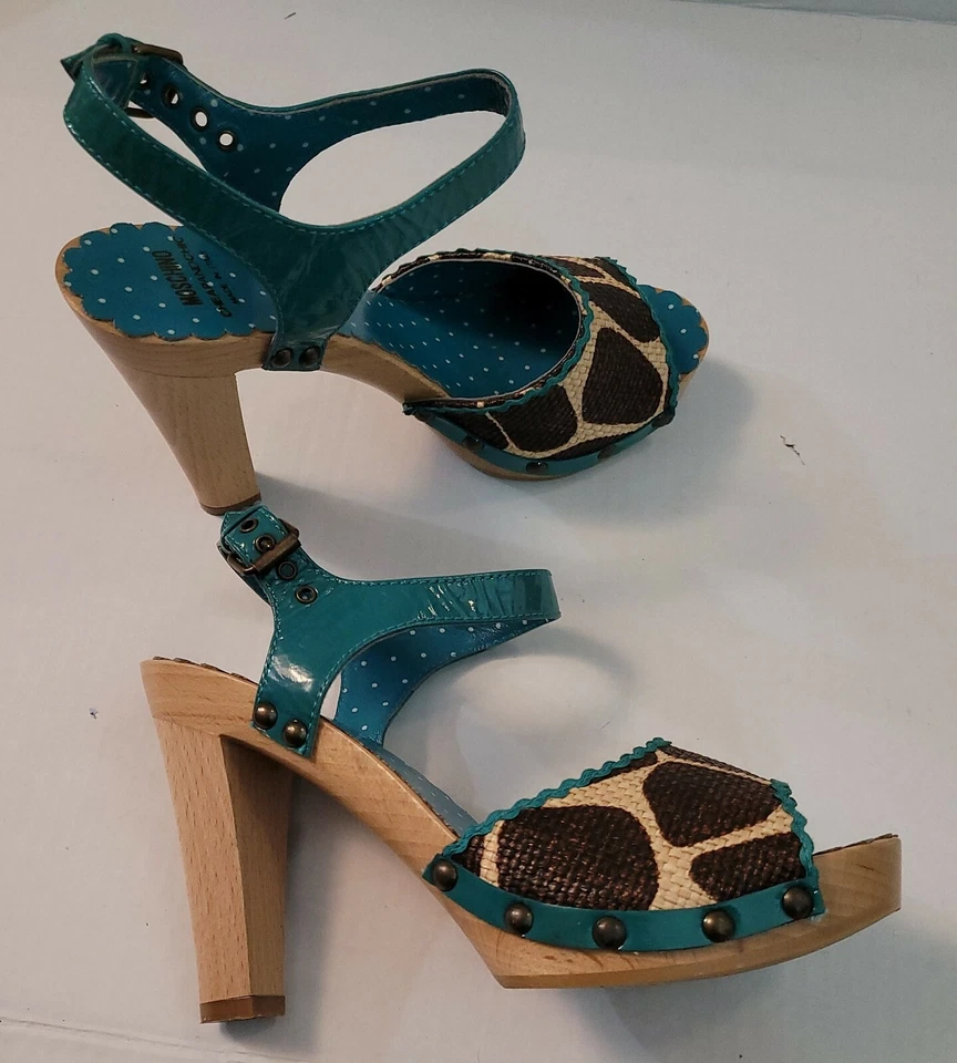 Zapatos de mujer MOSCHINO sandalias de tacón de madera con estampado animal negro turquesa talla 6 EE. UU. Foto 2 de 4