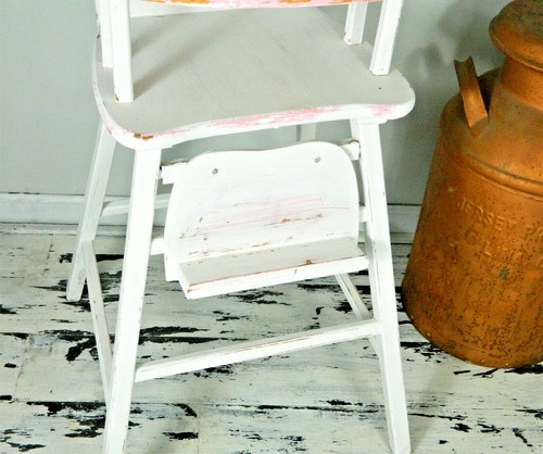Vintage Wood High Chair White Over Pink Distressed paint - Picture 2 of 10