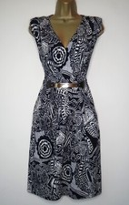 MELA LONDON NAVY WHITE PRINT GOLD BUCKLE FRONT DRESS SIZE 12 DOROTHY PERKINS