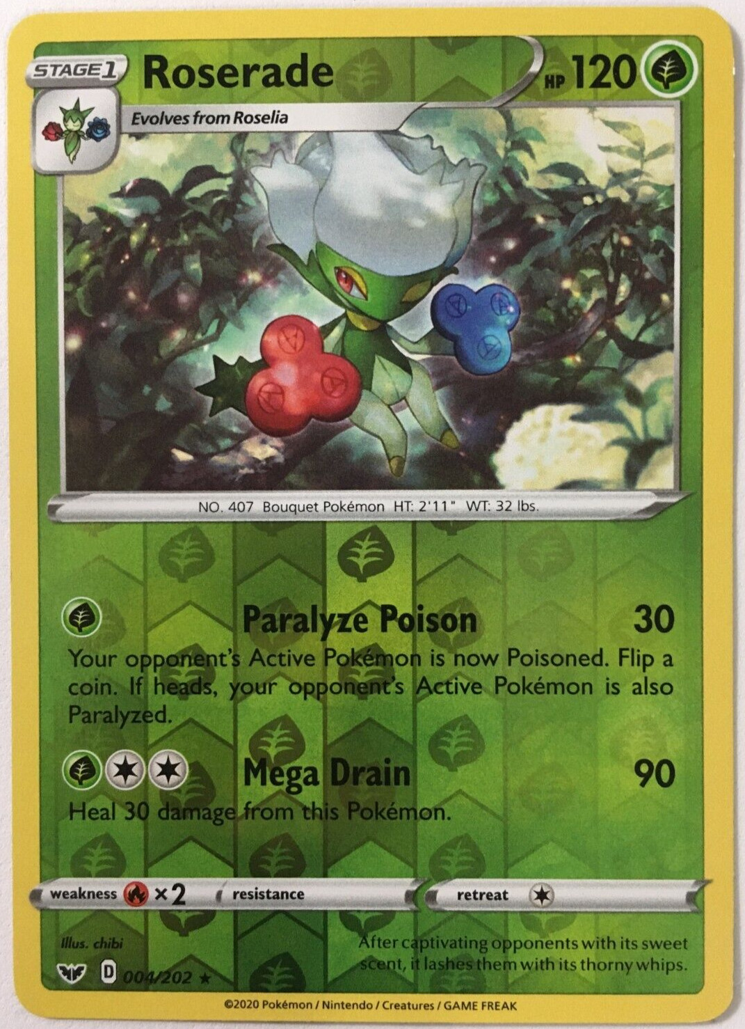 POKEMON ROSERADE 004/202 SWORD & SHIELD RARE REVERSE HOLO NEAR MINT