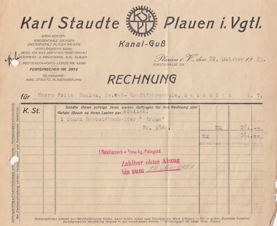 PLAUEN, Rechnung 1929, Karl Staudte Kanal-Guss Benzolabscheider Argus